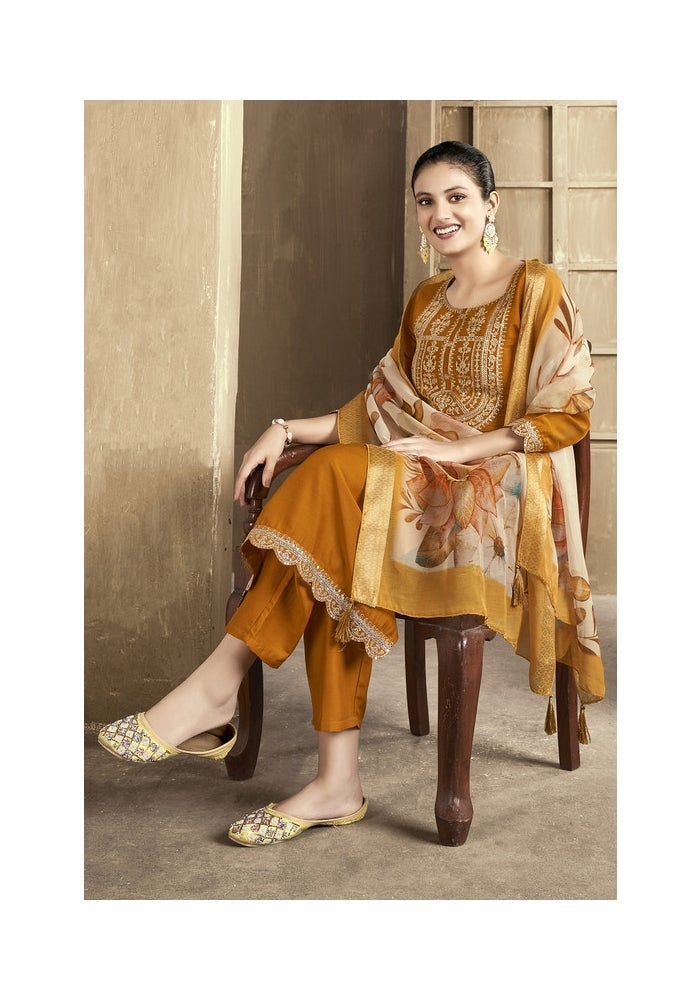 Malishka Export Embroidered Mustard Kurta Pant Set for Women - Image 5